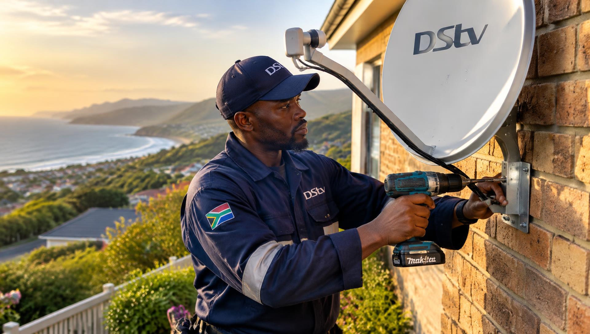 Technician installing a DSTV satellite dish on a Garden Route home